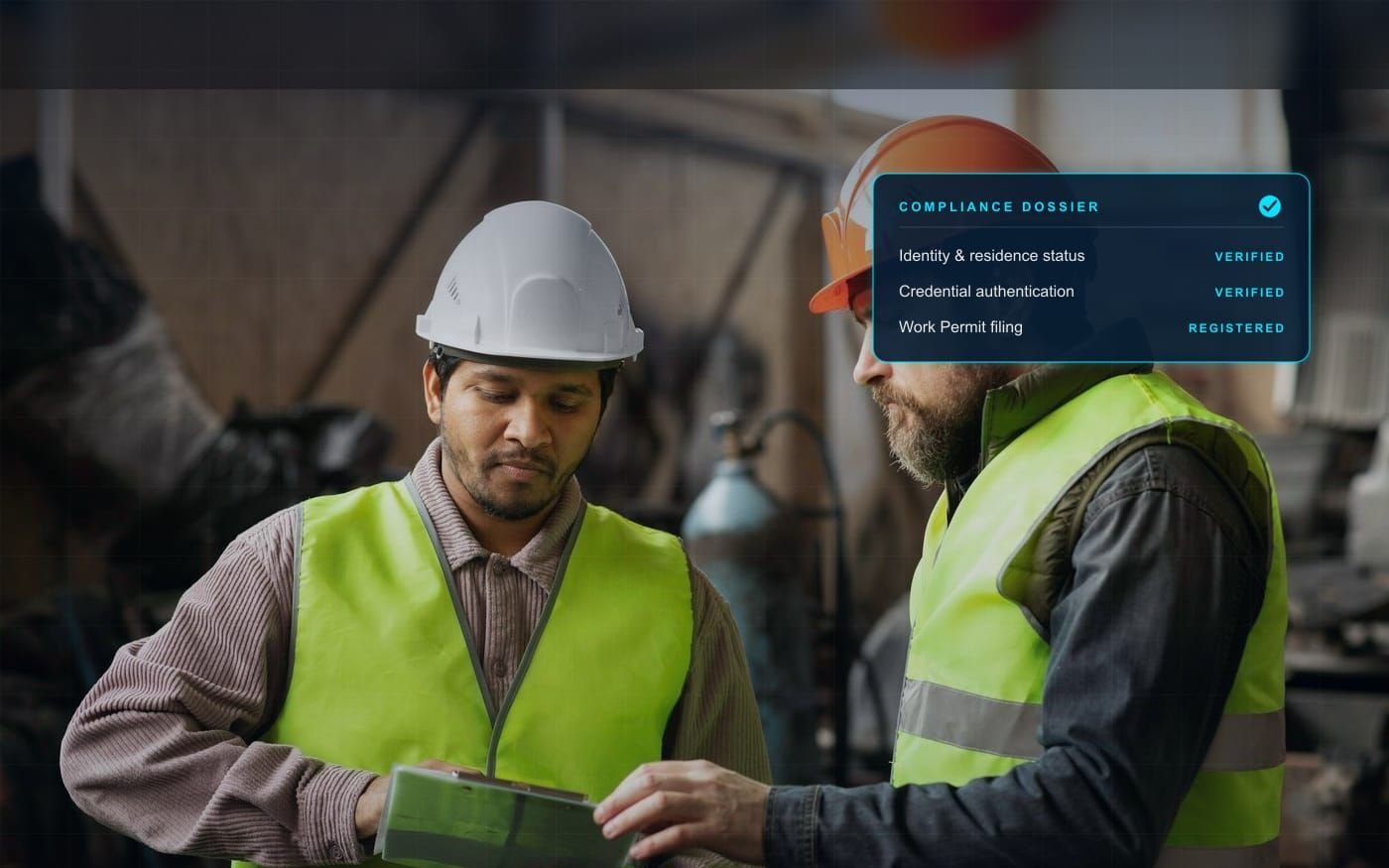Industrial specialist holding identity documents beside a verified compliance dossier